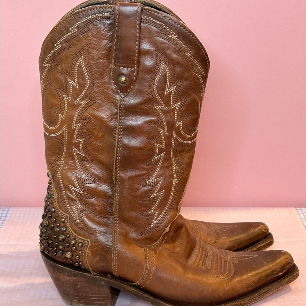 Liberty Black Studded Heel Leather Boots in Mossil Tan Sz 9 Womens